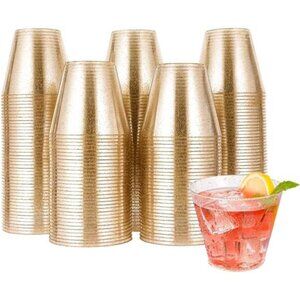 200 Pack 9 oz Glitter Plastic Cups, Disposable Gold Cups, Clear Plastic Tumblers